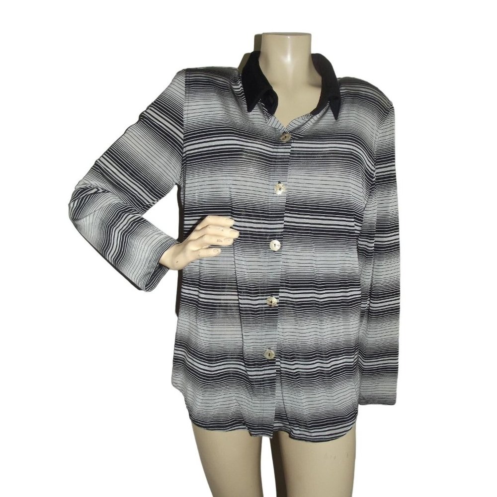 Impulse California Shirt Size Large Black & Gray Striped Button-Down blouse top